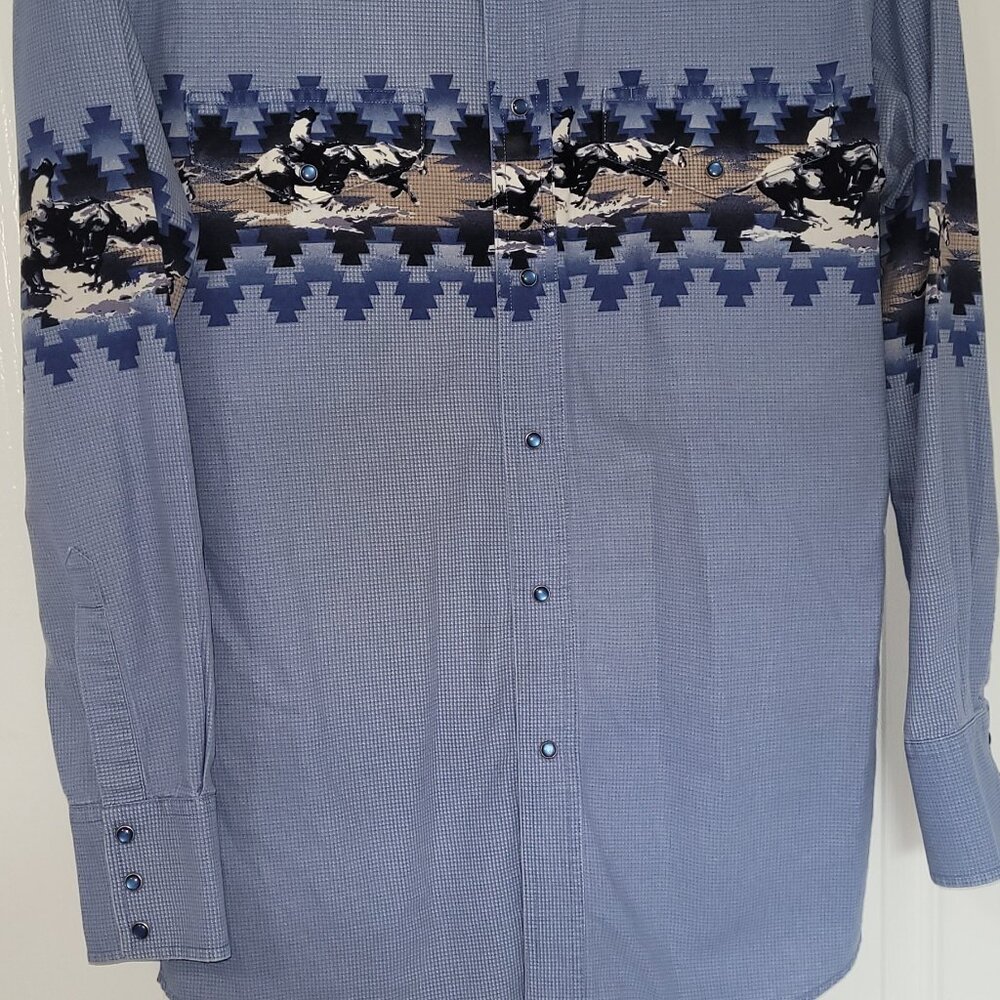 Wrangler Men's Shirt Western Cowboy Print Horses Graphic Pearl Snap Blue M